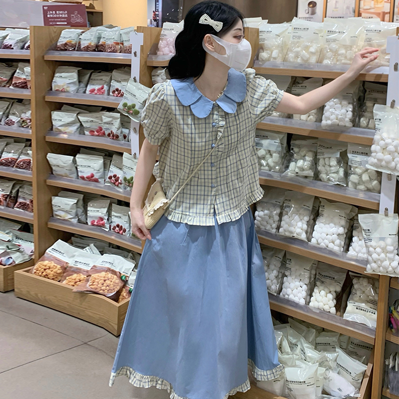 Tender plaid skirt retro fashion shirt a set