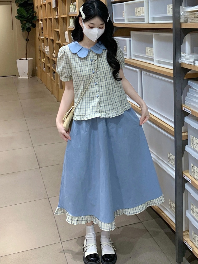 Tender plaid skirt retro fashion shirt a set