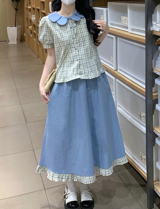 Tender plaid skirt retro fashion shirt a set