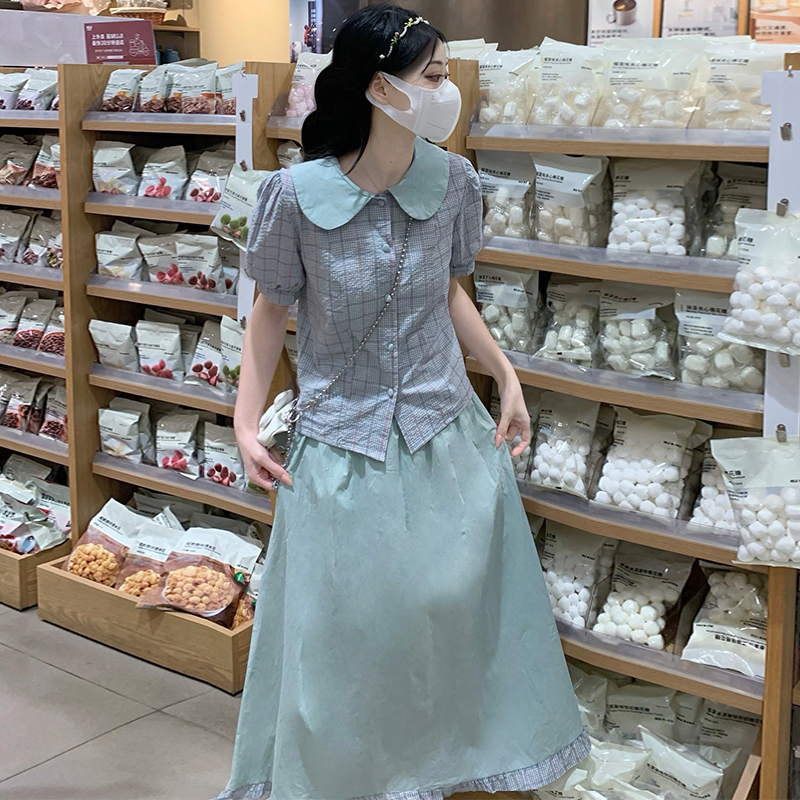 Doll collar short sleeve small shirt summer skirt 2pcs set
