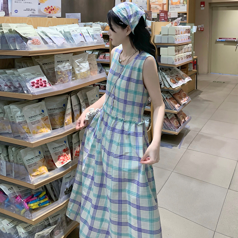 Japanese style plaid long dress retro loose dress for women