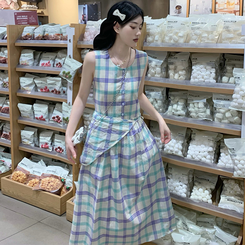 Japanese style plaid long dress retro loose dress for women