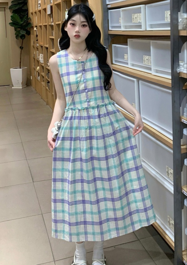 Japanese style plaid long dress retro loose dress for women