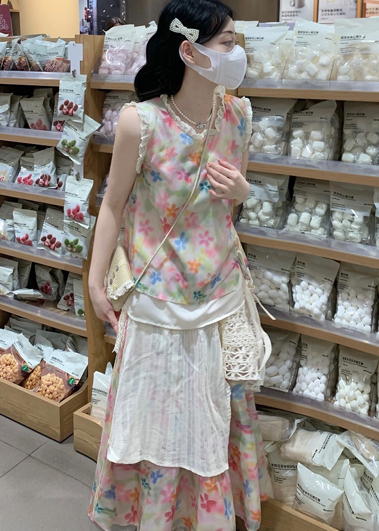 College style sweet skirt rainbow vest 2pcs set