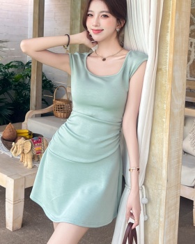Short sleeve summer dress package hip pinched waist T-back