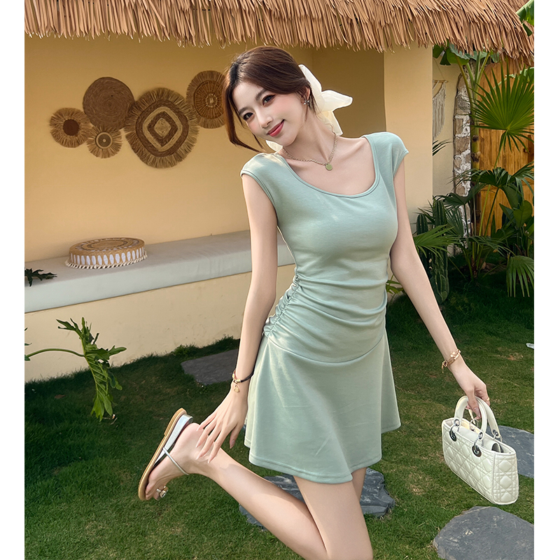 Short sleeve summer dress package hip pinched waist T-back