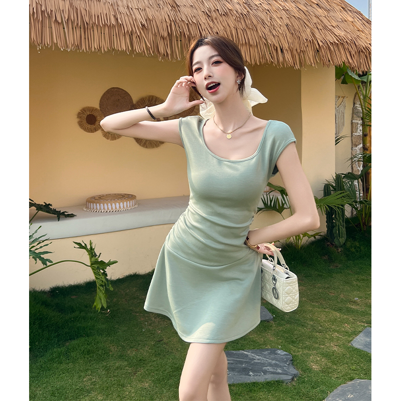 Short sleeve summer dress package hip pinched waist T-back