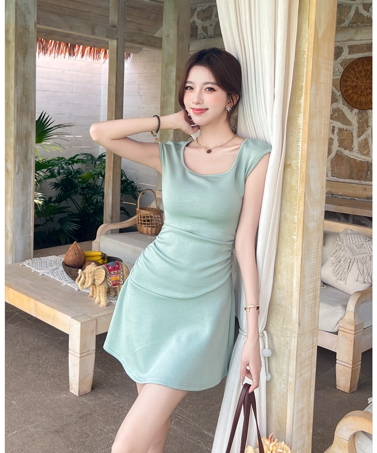 Short sleeve summer dress package hip pinched waist T-back
