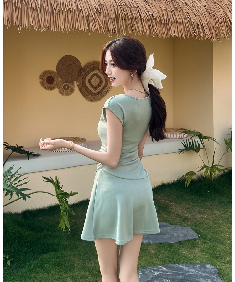 Short sleeve summer dress package hip pinched waist T-back