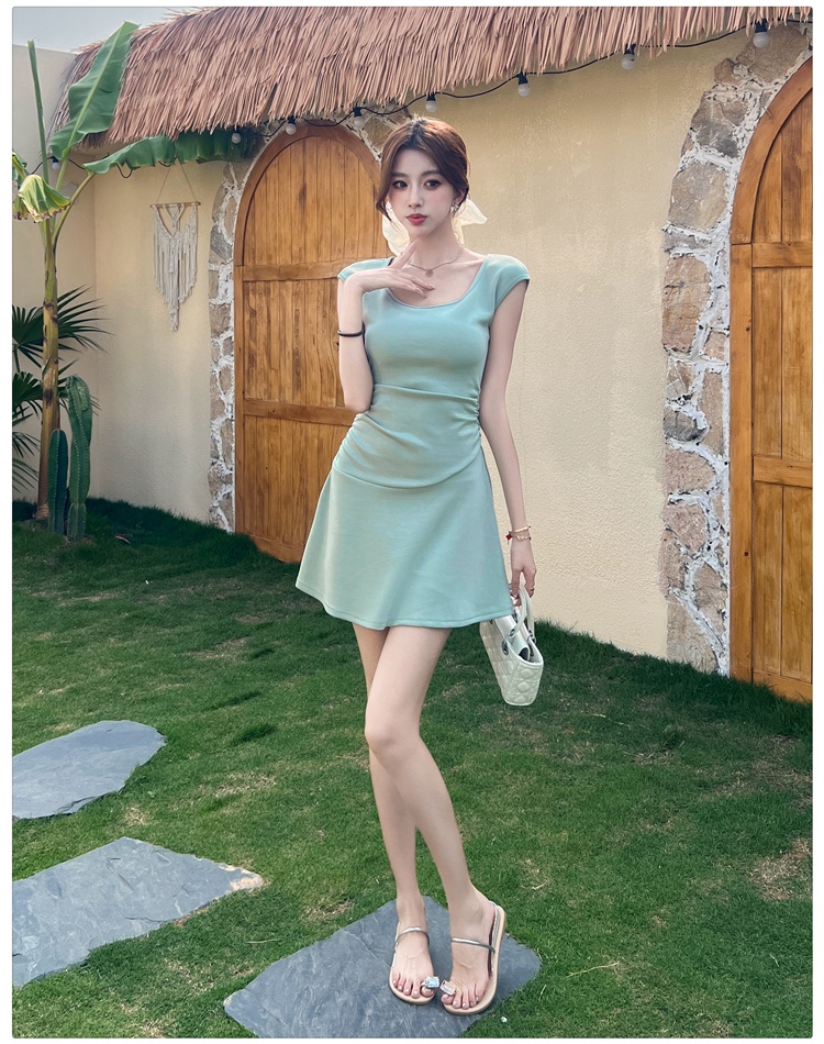 Short sleeve summer dress package hip pinched waist T-back