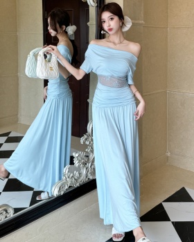 Flat shoulder lace fold skirt hollow pure tops 2pcs set