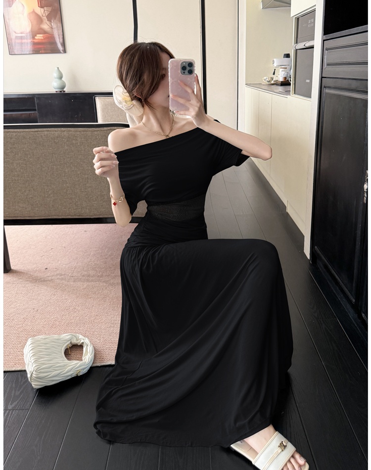 Flat shoulder lace fold skirt hollow pure tops 2pcs set
