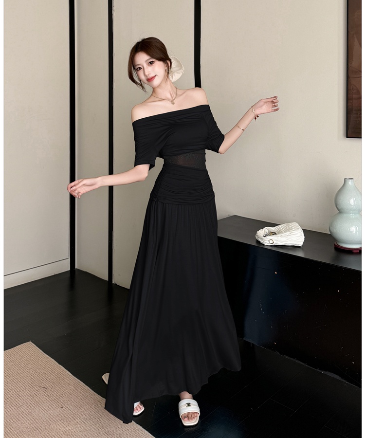 Flat shoulder lace fold skirt hollow pure tops 2pcs set