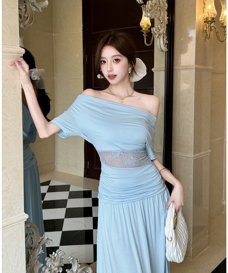 Flat shoulder lace fold skirt hollow pure tops 2pcs set
