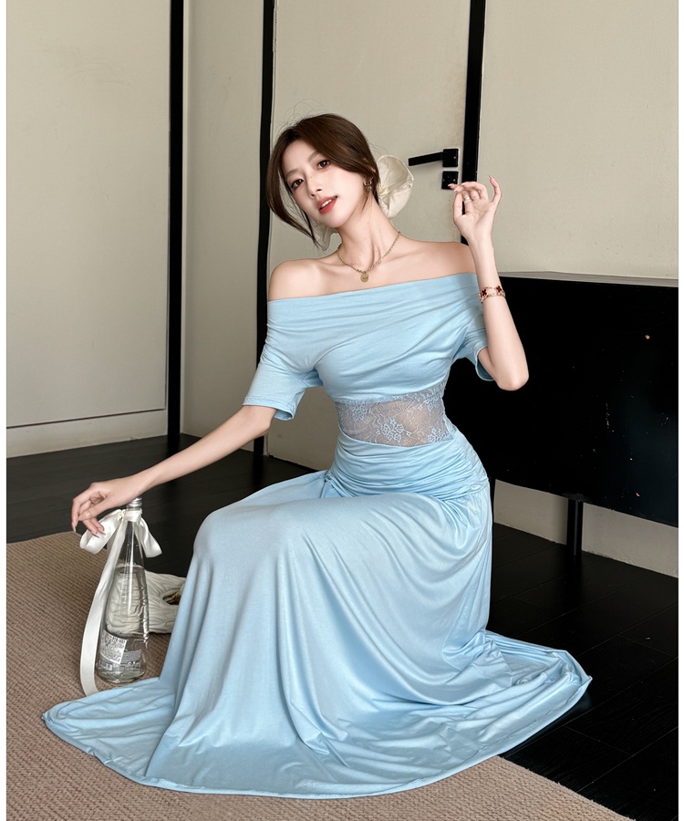 Flat shoulder lace fold skirt hollow pure tops 2pcs set