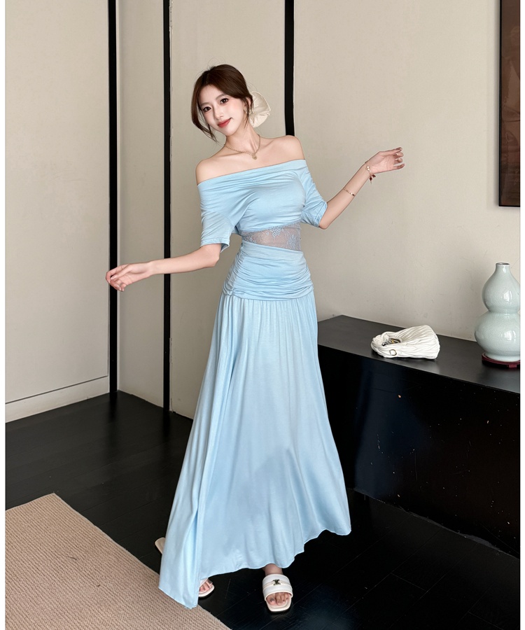 Flat shoulder lace fold skirt hollow pure tops 2pcs set