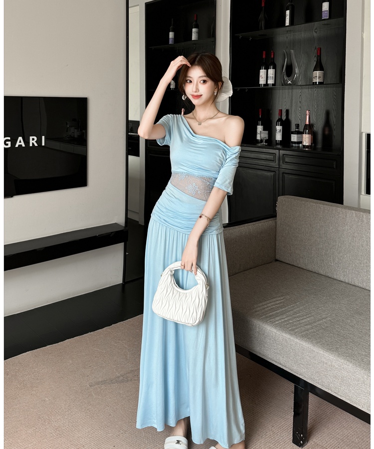 Flat shoulder lace fold skirt hollow pure tops 2pcs set