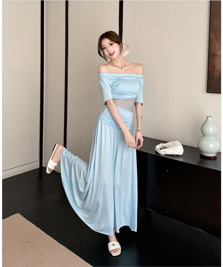 Flat shoulder lace fold skirt hollow pure tops 2pcs set
