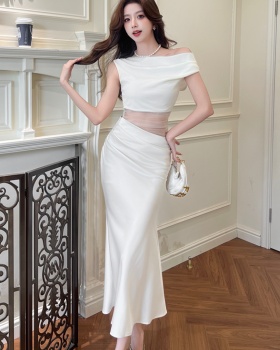 Slim pinched waist package hip satin dress for women