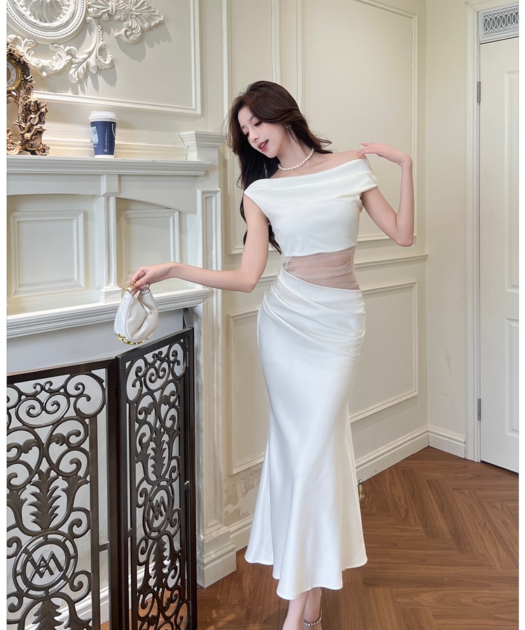 Slim pinched waist package hip satin dress for women