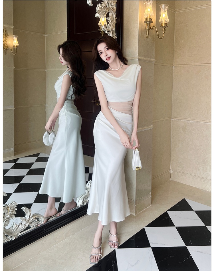 Slim pinched waist package hip satin dress for women