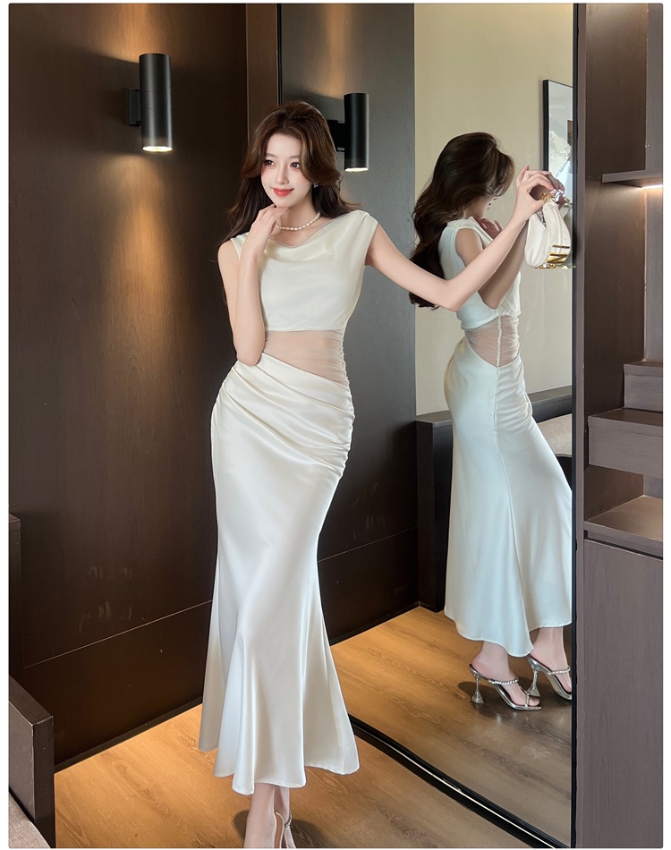 Slim pinched waist package hip satin dress for women