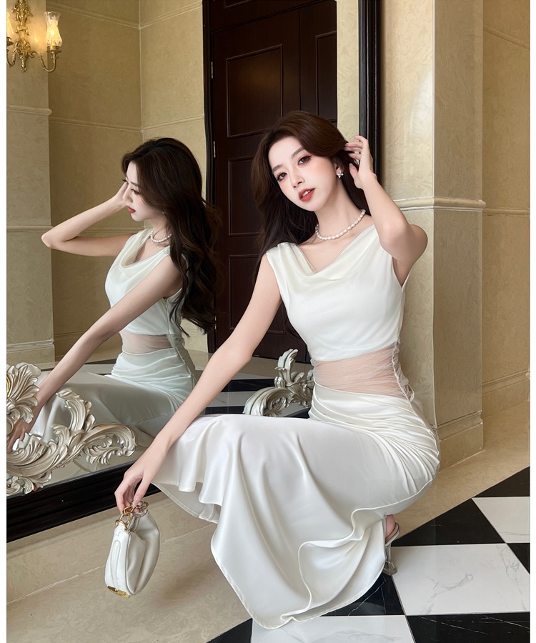 Slim pinched waist package hip satin dress for women