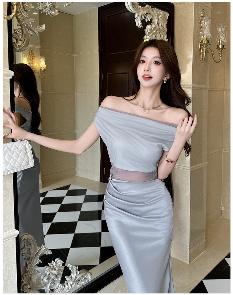 Slim pinched waist package hip satin dress for women