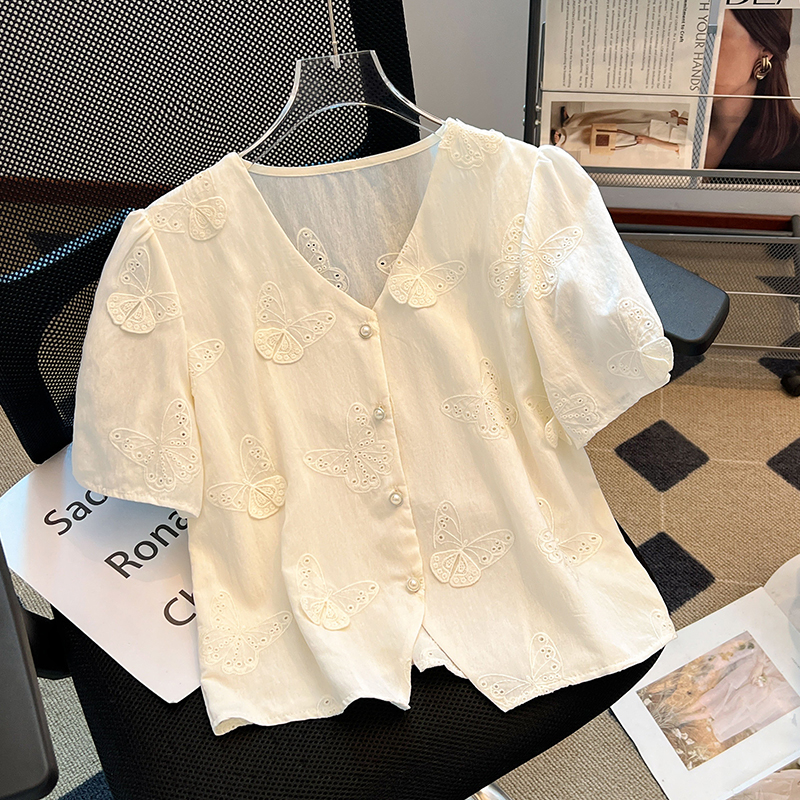 V-neck embroidery shirt show young small shirt for women