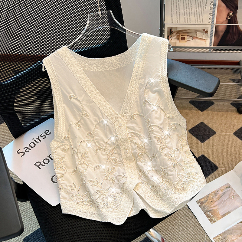 V-neck sleeveless summer tops sequins beading vest