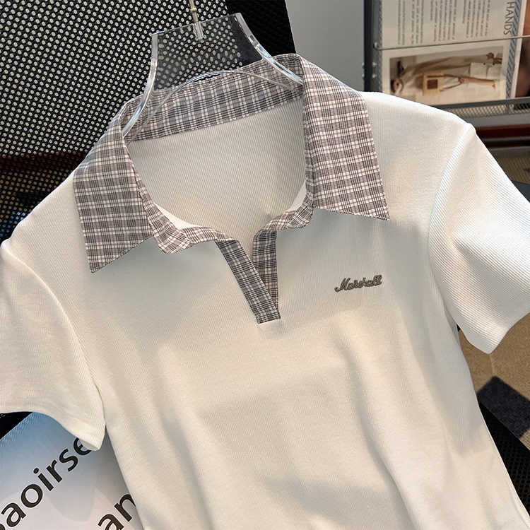 Plaid Pseudo-two retro shirts American style short sleeve tops