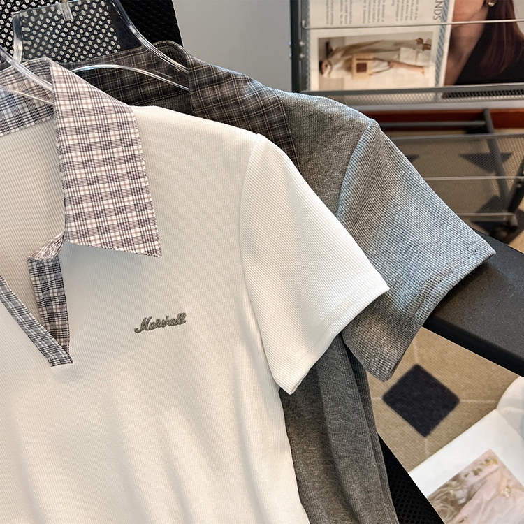 Plaid Pseudo-two retro shirts American style short sleeve tops