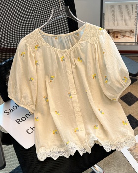 Summer fresh shirt flowers round neck tops for women