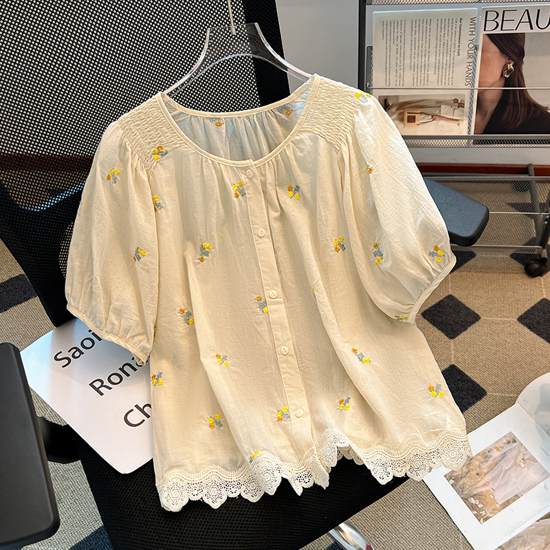 Summer fresh shirt flowers round neck tops for women