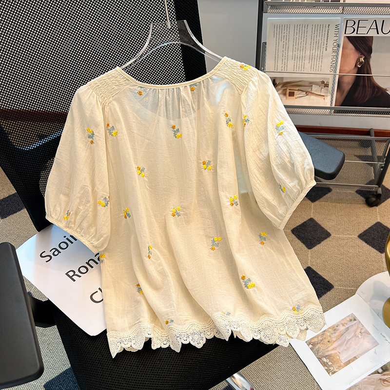 Summer fresh shirt flowers round neck tops for women