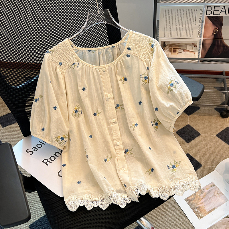 Floral show young summer tops embroidery Korean style small shirt
