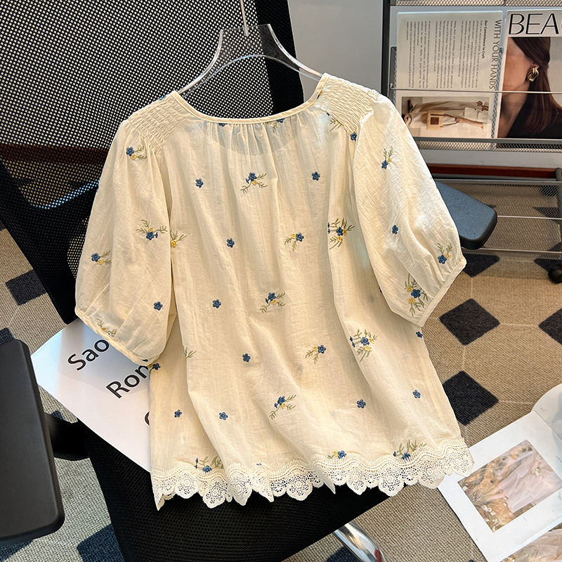 Floral show young summer tops embroidery Korean style small shirt