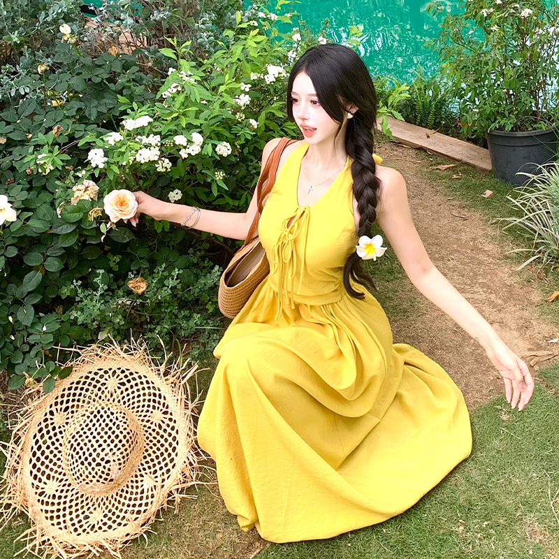 Pinched waist dress vacation long dress for women