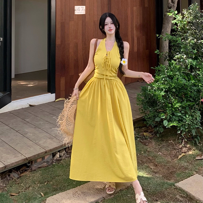 Pinched waist dress vacation long dress for women