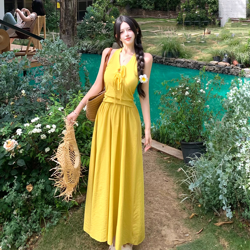 Pinched waist dress vacation long dress for women