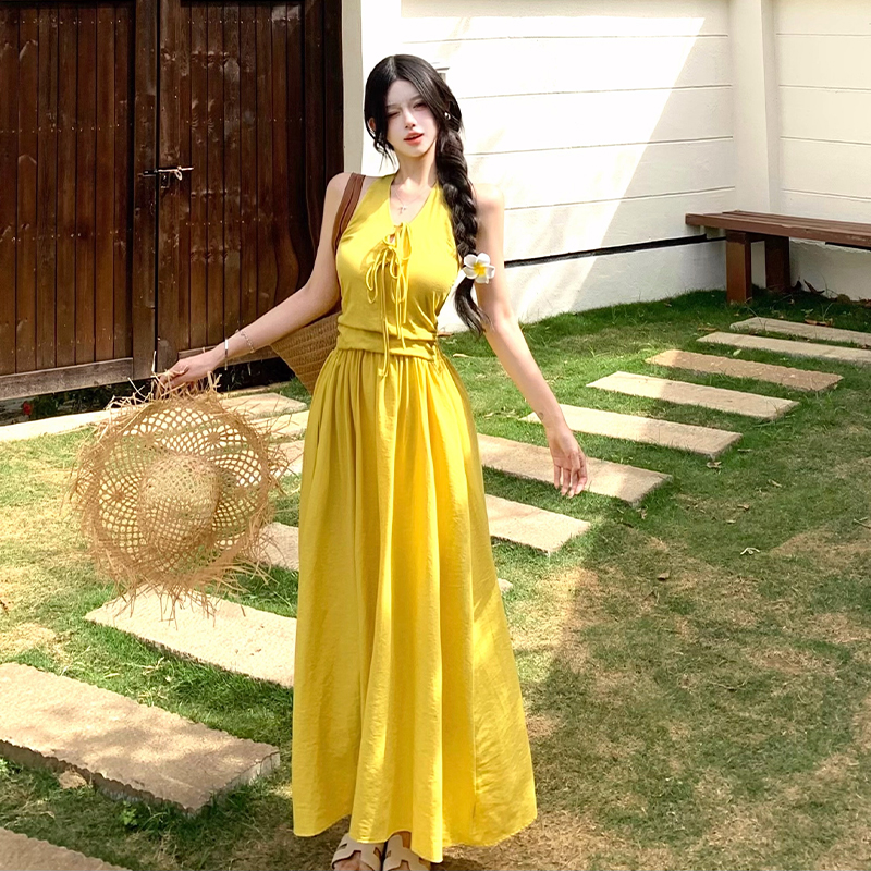 Pinched waist dress vacation long dress for women