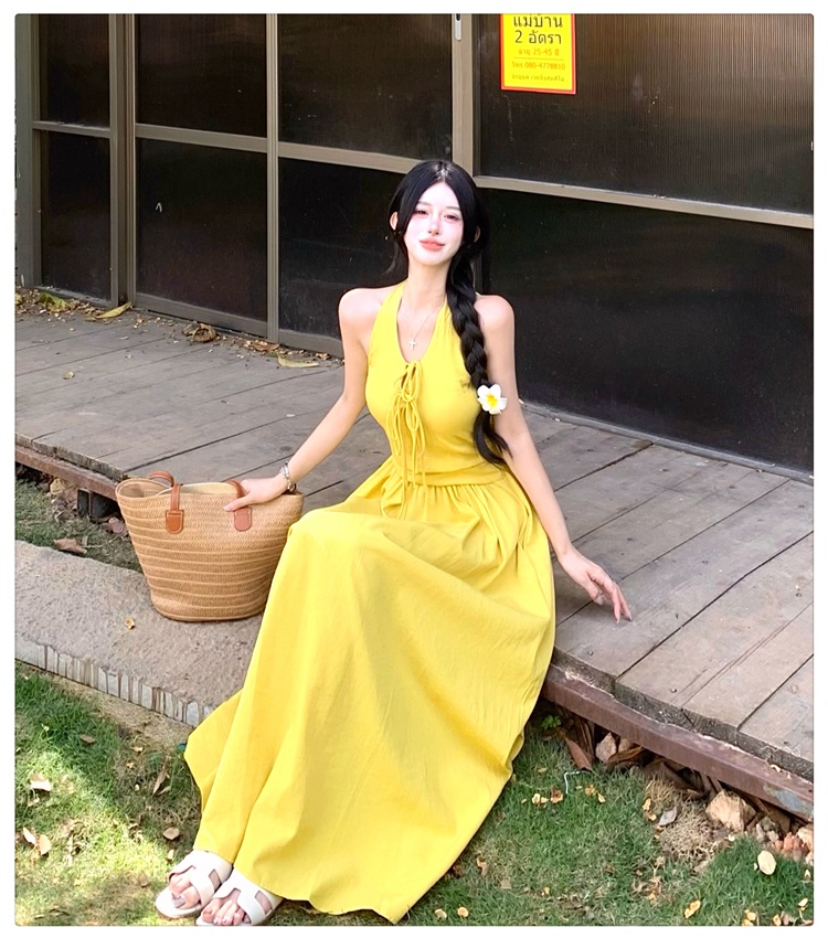 Pinched waist dress vacation long dress for women