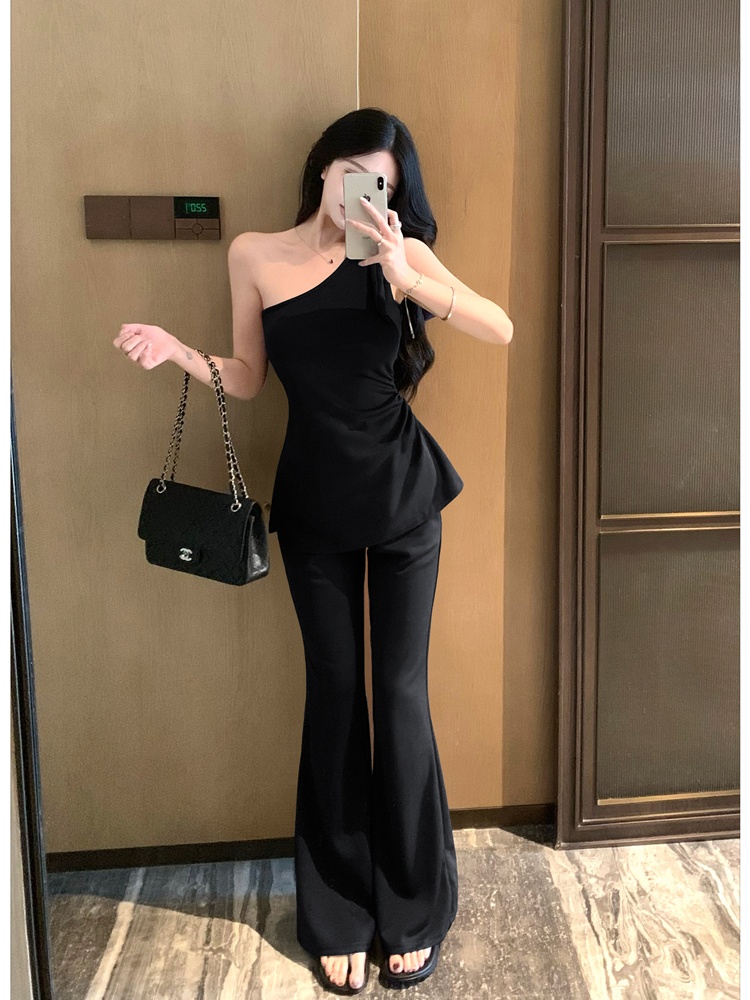 Slim summer wide leg pants Casual pinched waist tops 2pcs set