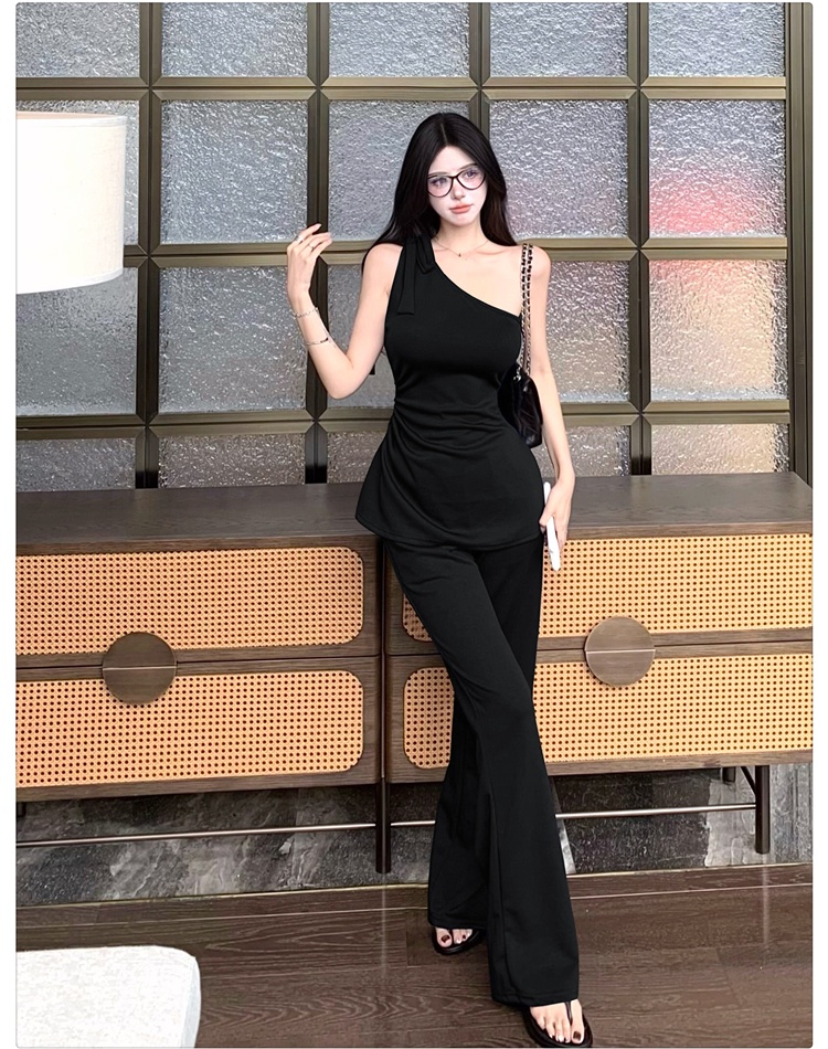 Slim summer wide leg pants Casual pinched waist tops 2pcs set