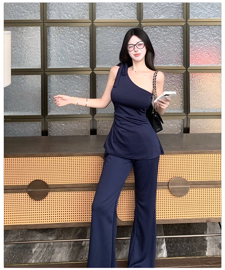 Slim summer wide leg pants Casual pinched waist tops 2pcs set