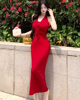 Summer knitted sleeveless dress red slim long dress