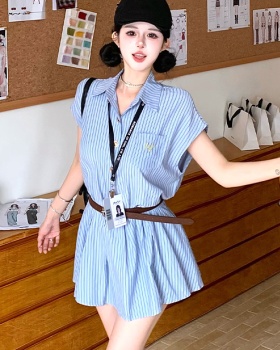 Pinched waist temperament stripe shirt summer blue dress for women