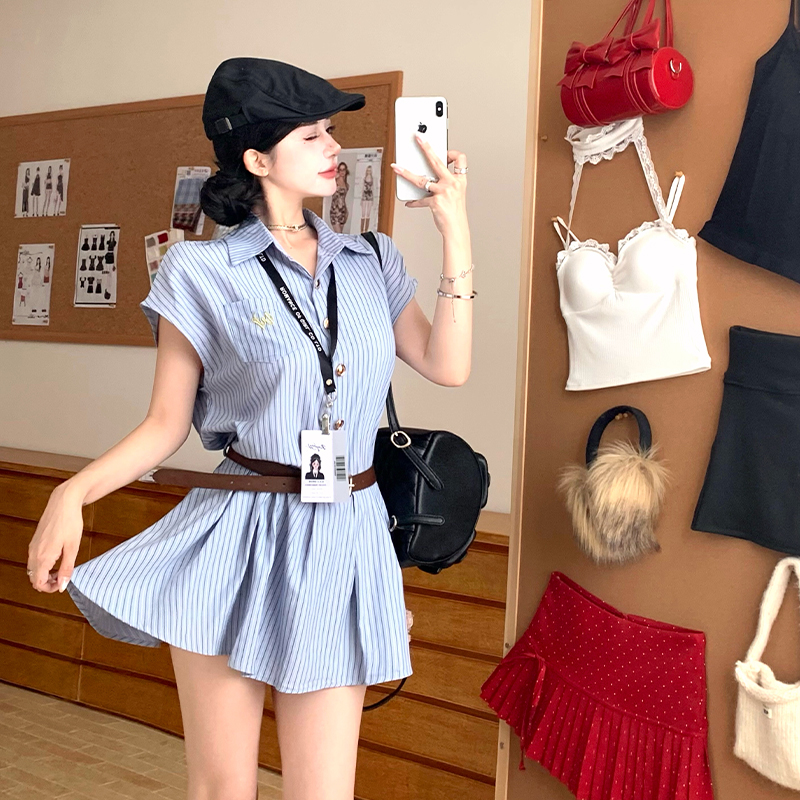 Pinched waist temperament stripe shirt summer blue dress for women