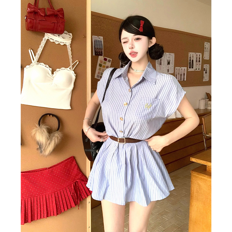 Pinched waist temperament stripe shirt summer blue dress for women