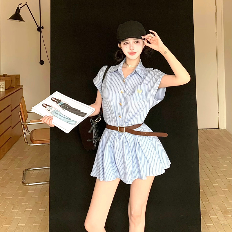 Pinched waist temperament stripe shirt summer blue dress for women